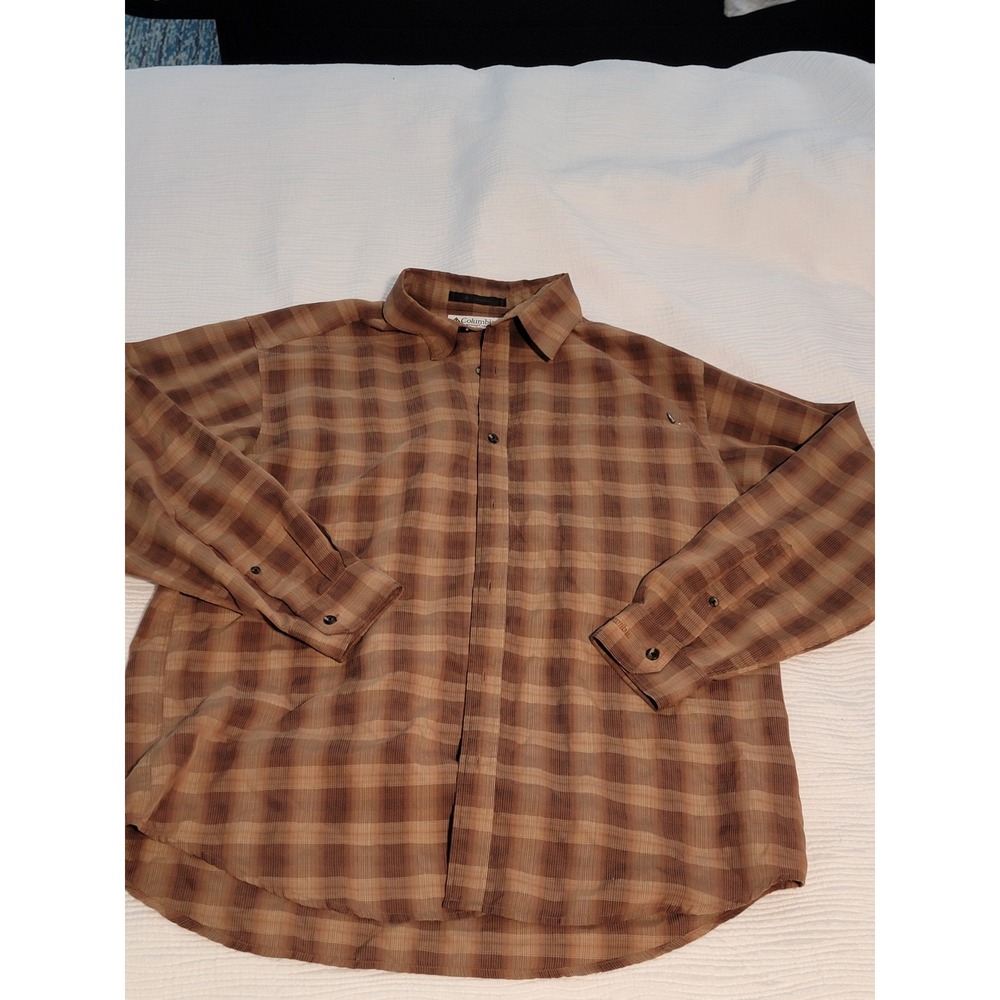 Columbia Men's Large Tan & Light Brwn Plaid Button-Down Long Sleeve Shirt w/ Zip
